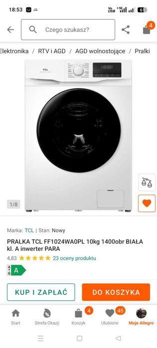 Sprzedam pralkę, klasa A, 10 kg wsadu, 1400 brotów/min - użyta 2 razy