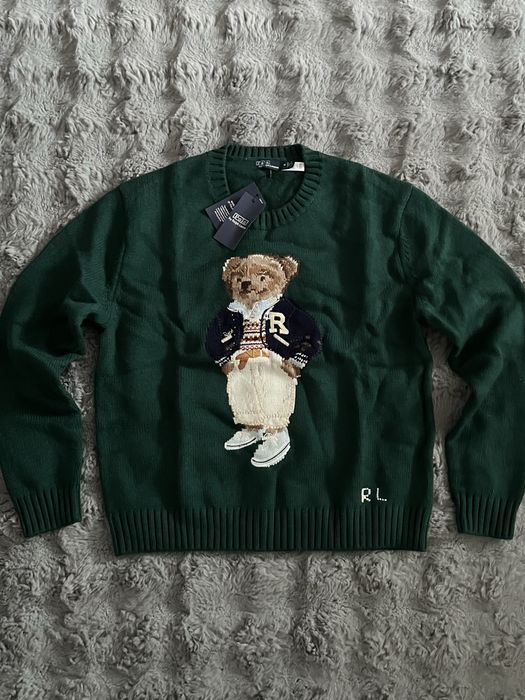 Zielony sweter ralph lauren z misiem