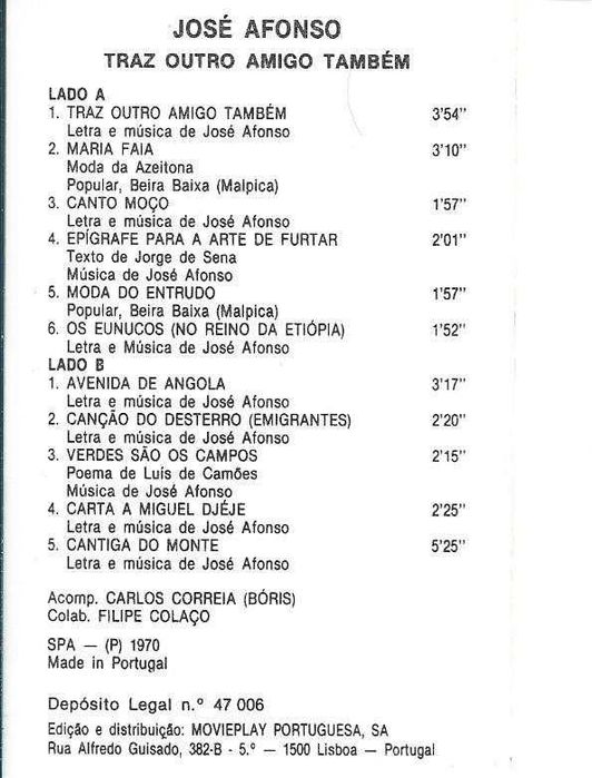 José Afonso	- - - - -		Traz Outro Amigo Também	- - - - -	K7