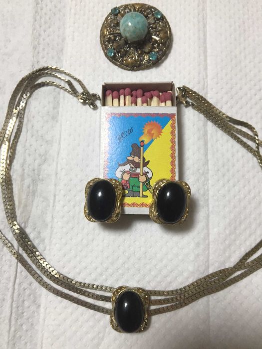 Кулон + кліпси, браслет з чорним агатом