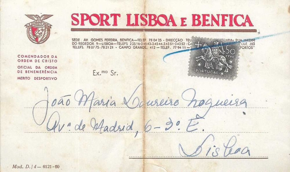 SLB - BENFICA  - bilhete postal para atleta - antigo 1961