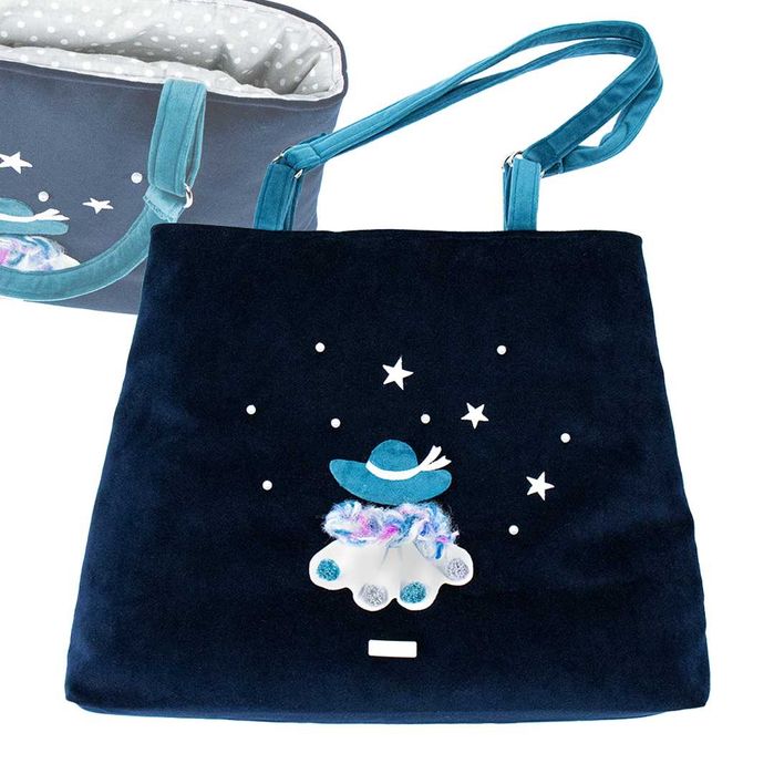Duża torebka welurowa shopper granatowa z ozdobą hand made na co dzień