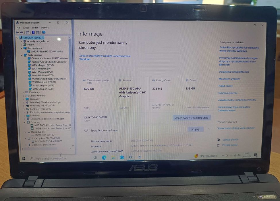 Laptop Asus X53U AMD E-450/4GB/250 GB HDD/ Radeon HD 6320/