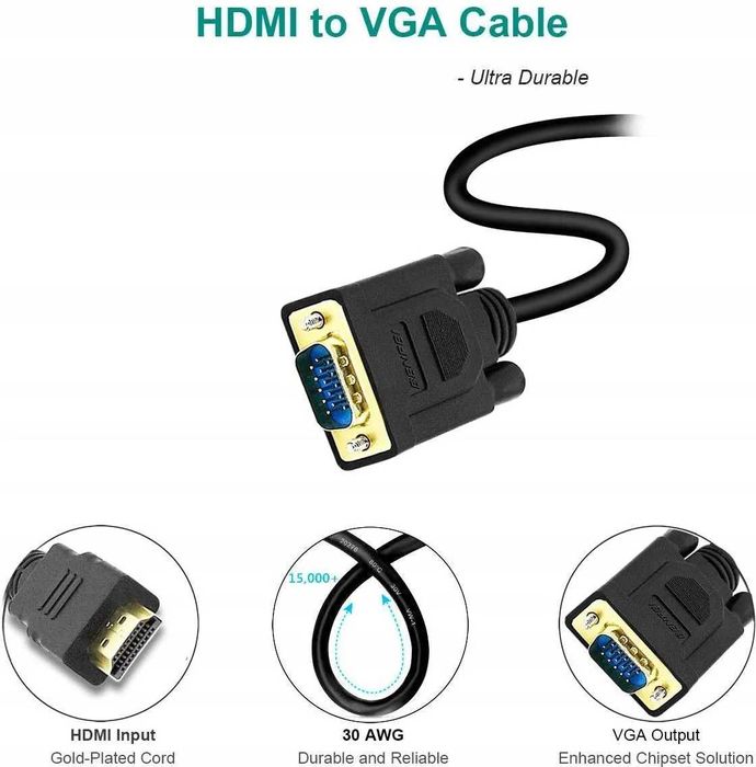 BENFEI Adapter HDMI na VGA 1.8 m – Pozłacany Kabel | Full HD