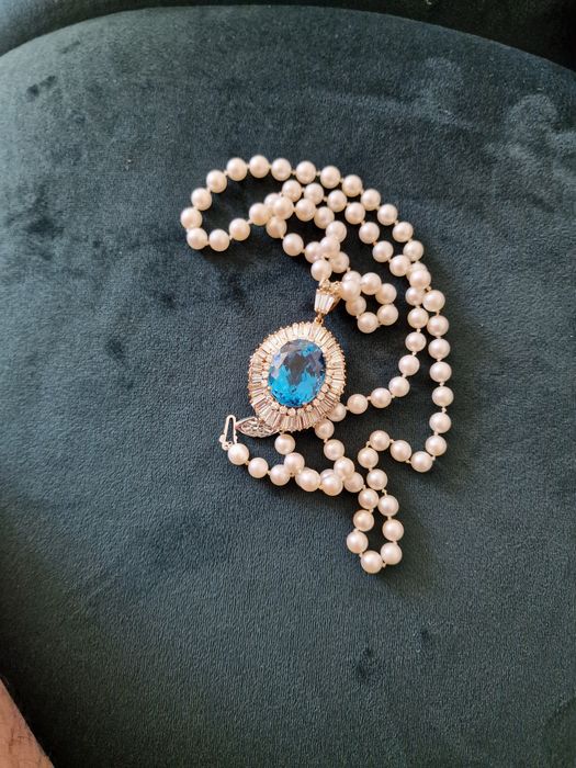 Luksusowy naszyjnik z topazem i diamentami – złoto, perły, certyfikat!