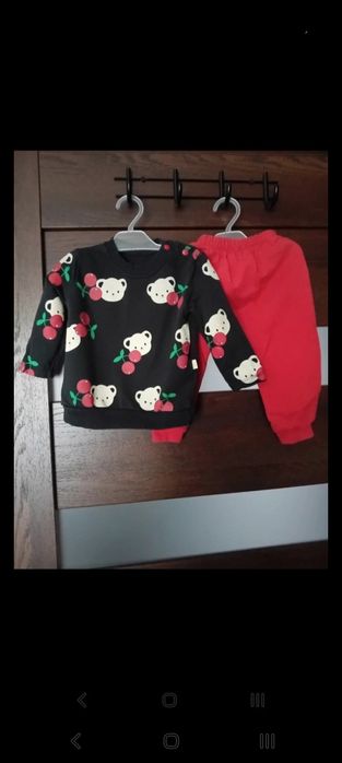 Komplet niemowlęcy dres 80 wisienki miś czerwone spodnie