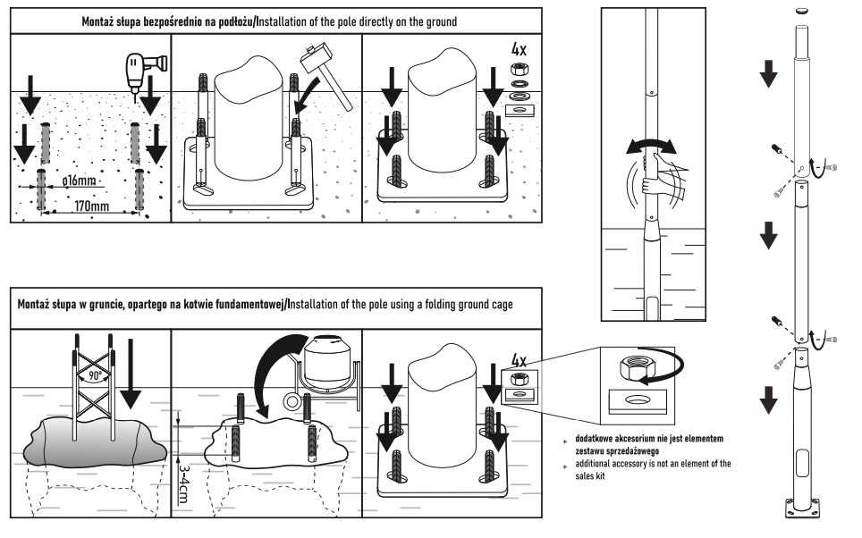 Słup oświetleniowy składany fi 60mm 3m czarny . Kamery lampy led