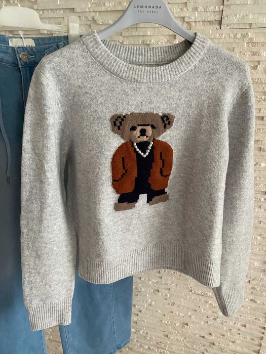 Cudowny miły szary sweterek z misiem teddy bear korale