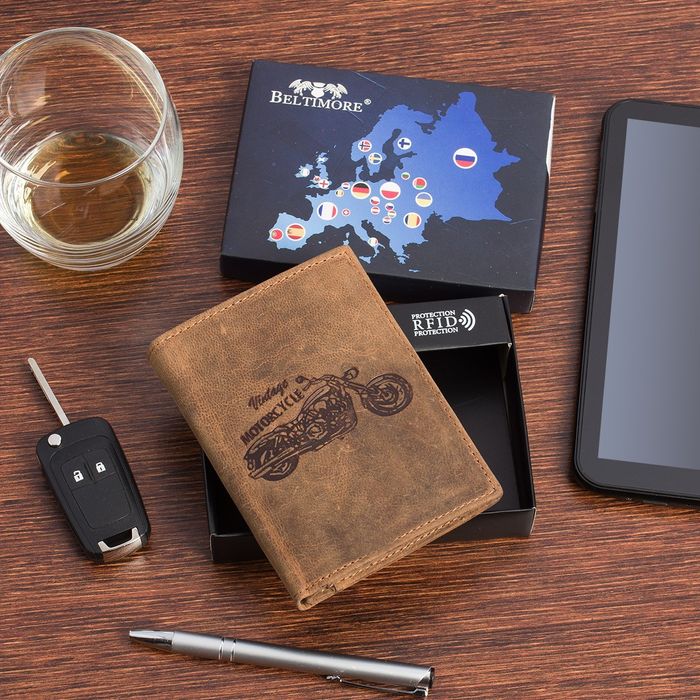 Portfel skórzany męski brązowy nubuk skóra Harley RFiD motocykl nowy