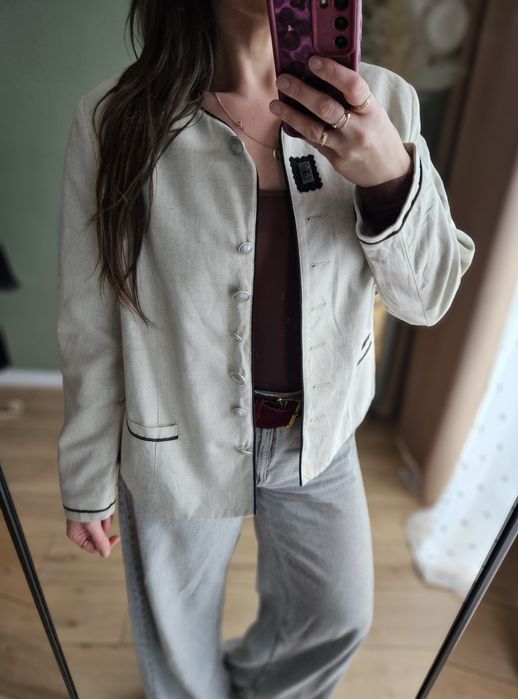 Marynarka damska Vintage Beżowa Len Wiskoza Styl Tyrolski L XL zakiet