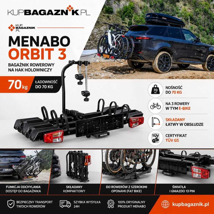 Bagażnik rowerowy Platforma rowerowa na hak 3 rower 70kg ładowność Menabo ORBIT 3