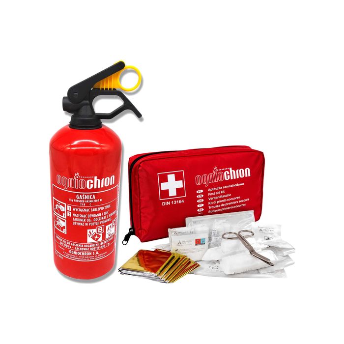 Zestaw Akcesoriów Samochodowych Ogniochron APTECZKA + GAŚNICA 1Kg [8939]