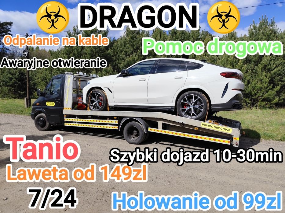 7/24 Tanio od 99zl Laweta DRAGON,Assistance,Pomoc Drogowa,Transport Motocykli,Odpalanie na Kable Awaryjne otwieranie samochodów
