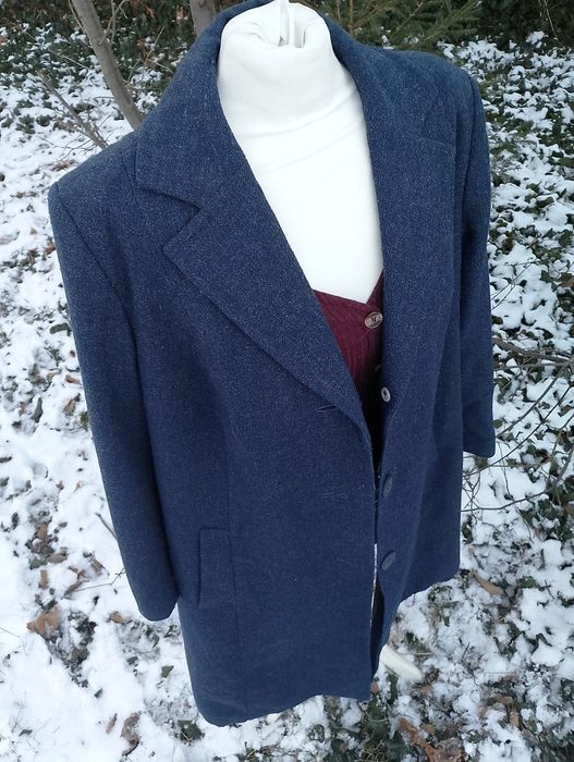 Niebieski długi wełniany płaszcz vintage M L lata 70 80