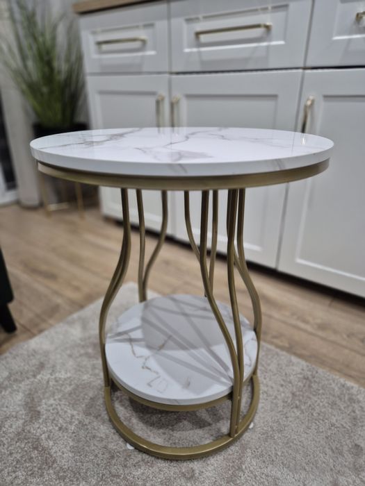 Stolik kawowy podręczny złoty marmurek  okrągły