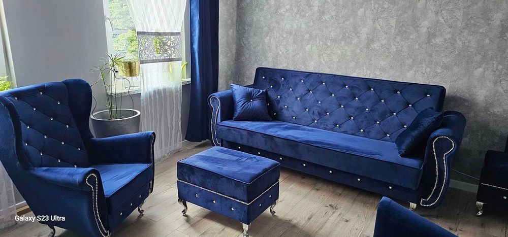 Zestaw Mebli Glamour Kanapa rozkładana,Fotele, Stół,puf Komplet mebli