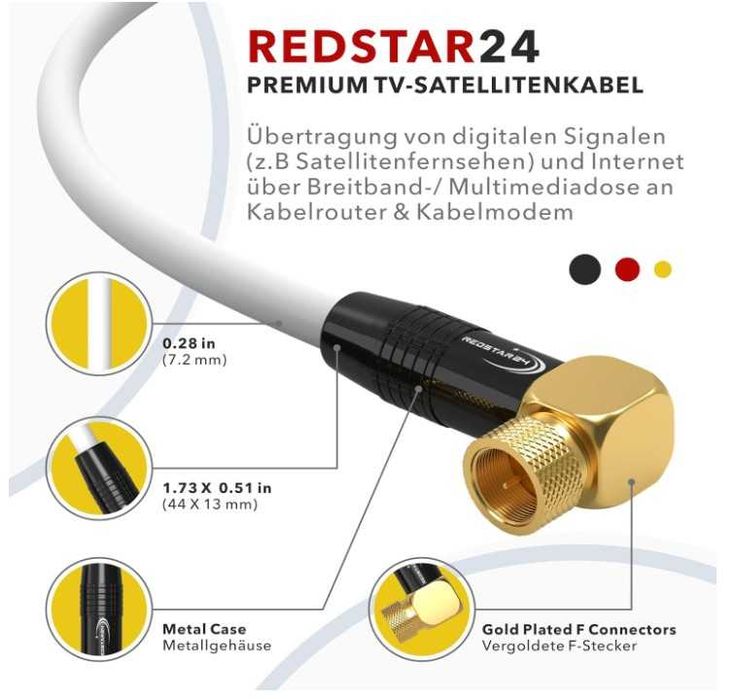 Kabel antenowy koncentryczny + wtyki F 7.5m biały RedStar24