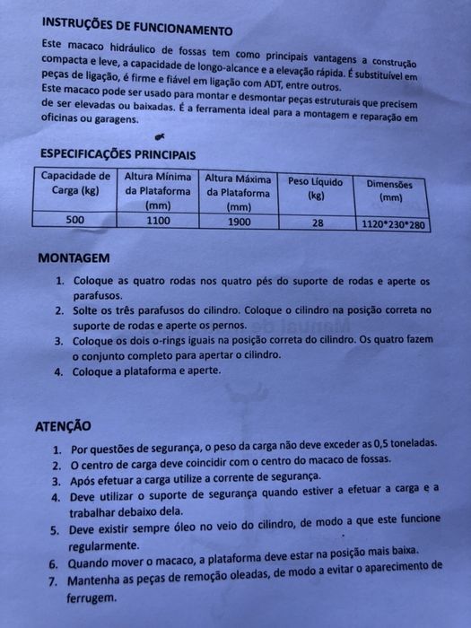 Macaco hidraulico de fossa 500 kg