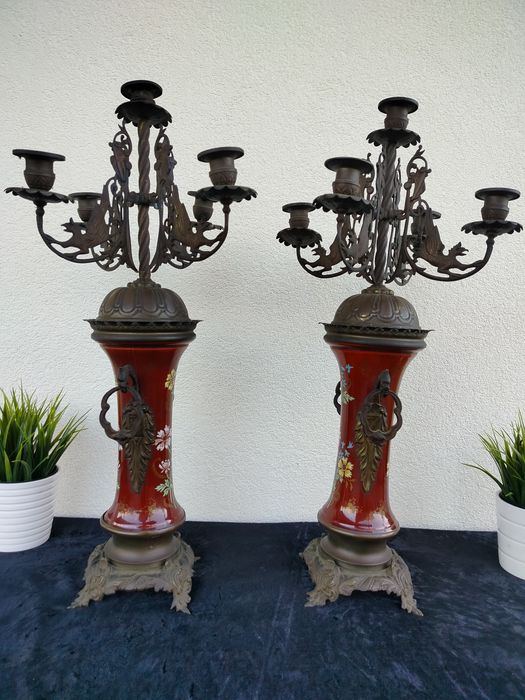 Piękne duże stare palacowe kandelabry świeczniki brąz i ceramika