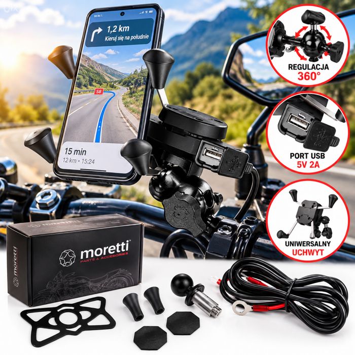 Uchwyt telefonu z USB w GŁÓWKĘ RAMY motocyklowy Leoshi MORETTI lub pod lusterko