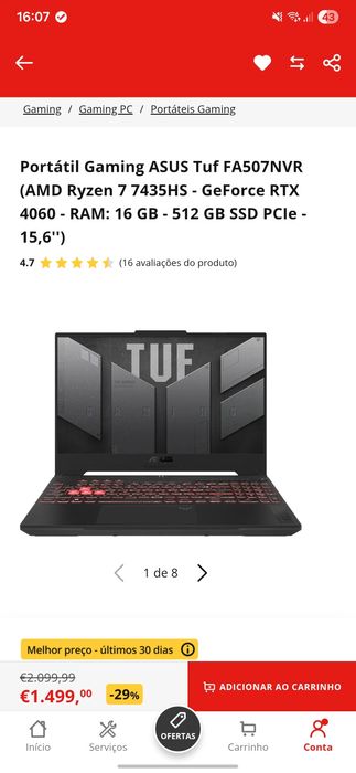 Portátil ASUS TUF Gaming A15,RTX 4060, 140w, 1tb Ssd, 16gb RAM, Ryzen