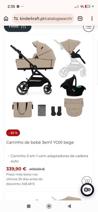 Carrinho KINDERKRAFT de Bebé Universal Yoxi 3 em 1 (Bege)