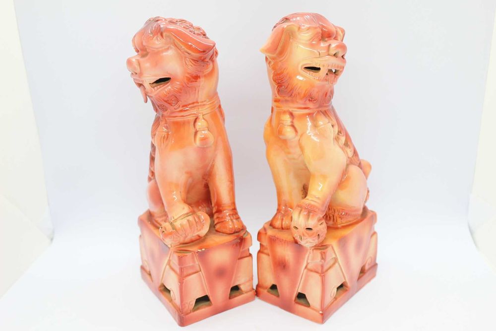 Par de Cães Foo 22 cm Monocromos Cerâmica Chinesa XX