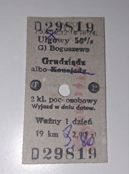 Bilet kolejowy kartonikowy PKP Boguszewo - Grudziądz / Konojady