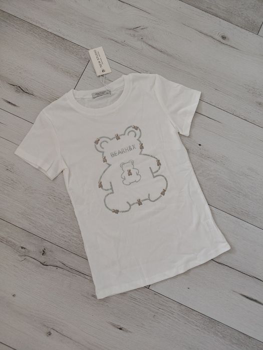 Biały t-shirt damski bawełna miś cyrkonie