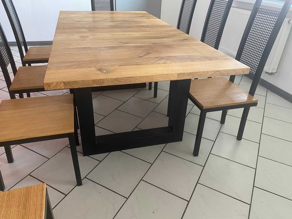 Meble loftowe stal i drewno dębowe duży stół i 8 krzeseł