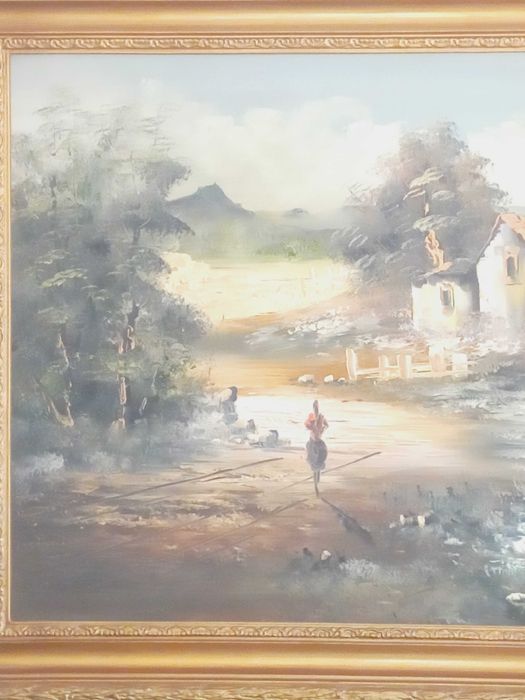 Quadro pintura a óleo, tema rural 129 x 79 cm