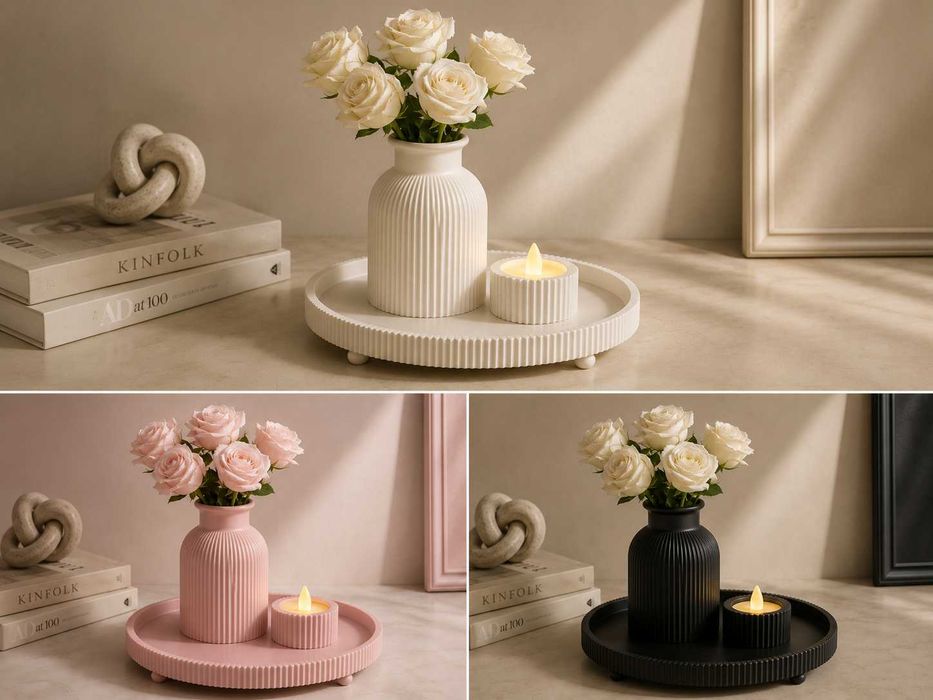 Conjunto Decorativo Canelado — Vaso, Bandeja e Porta-Velas