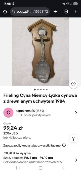Ozdobna łyżka cynową 1991r