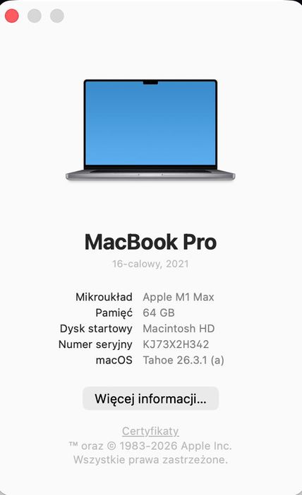 Sprzedam MacBook Pro 16” M1 Max 64GB RAM / 2TB SSD