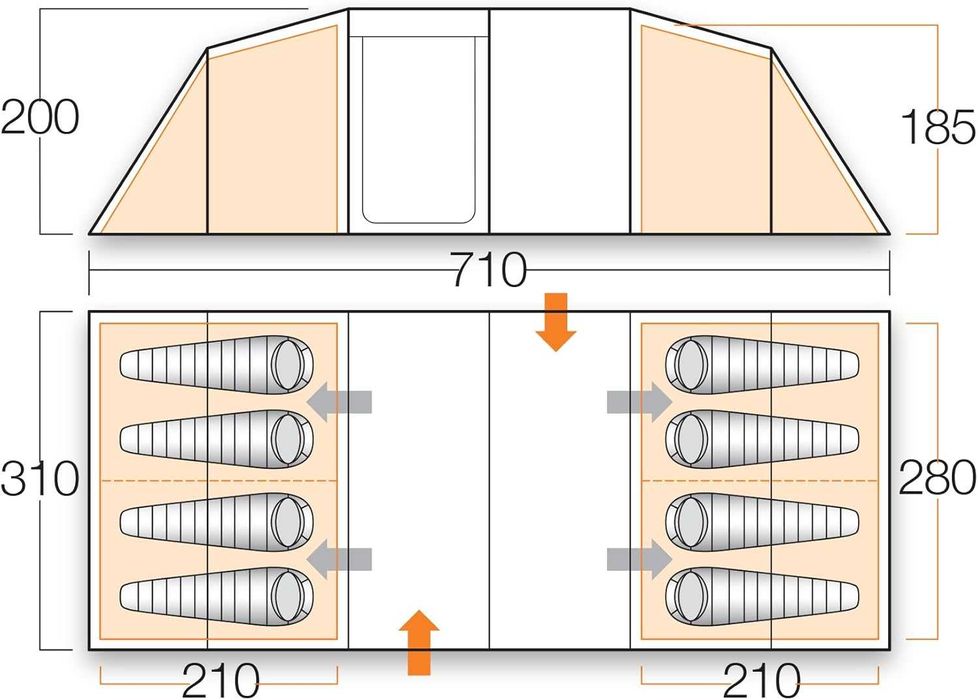Tenda campismo Vango Odyssey 800 Tent, Quartos para 8x adultos + sala