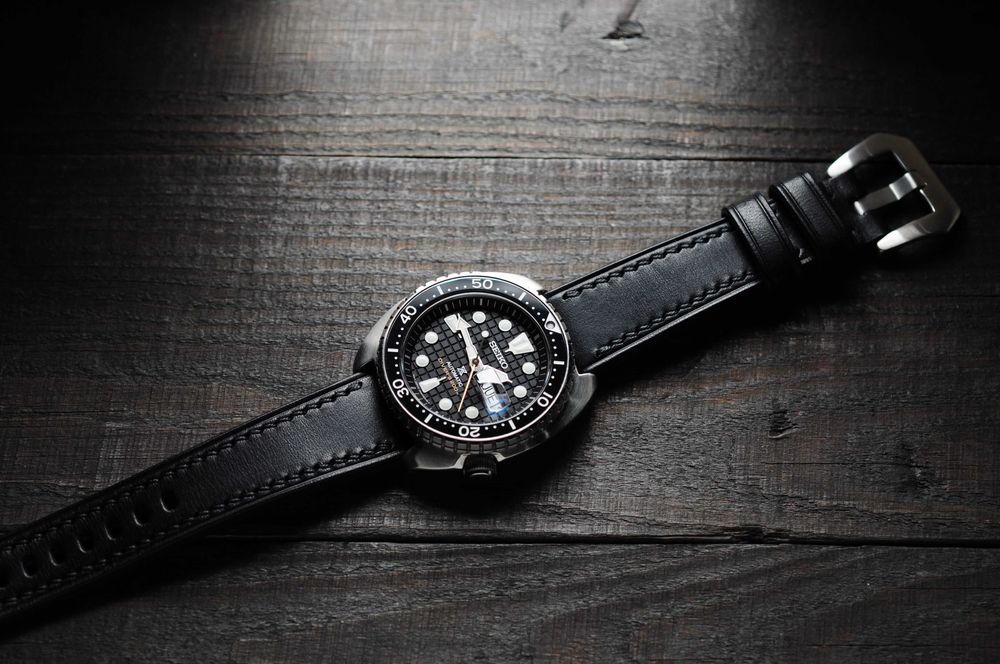 Чёрный кожаный ремешок для часов 22 х 18 мм браслет Ручная работа