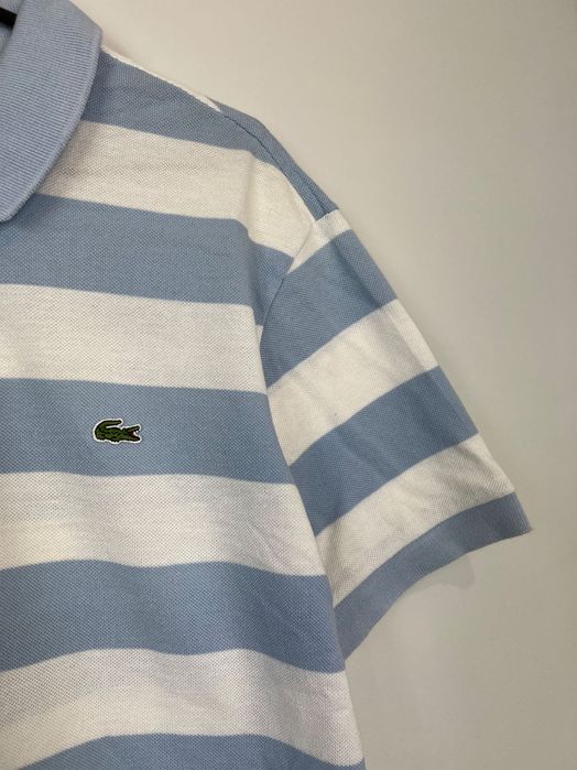 Polo koszulka Lacoste logo paski white / baby blue slim fit