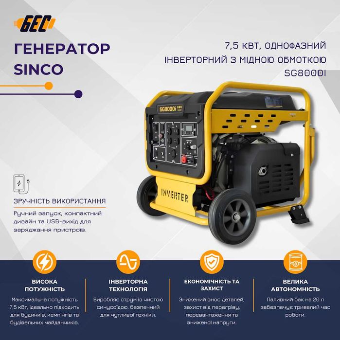 Інверторний Генератор 7,5 кВт мідна обмотка Sinco SG8000i однофазний