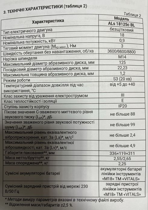 Болгарка акумуляторна VITALS MASTER ALS 18125C BL Безщіткова/ без Акум