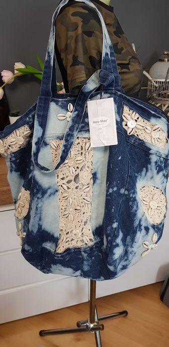 Alex Max nowa zdobiona jeansowa torba boho koronka muszelki