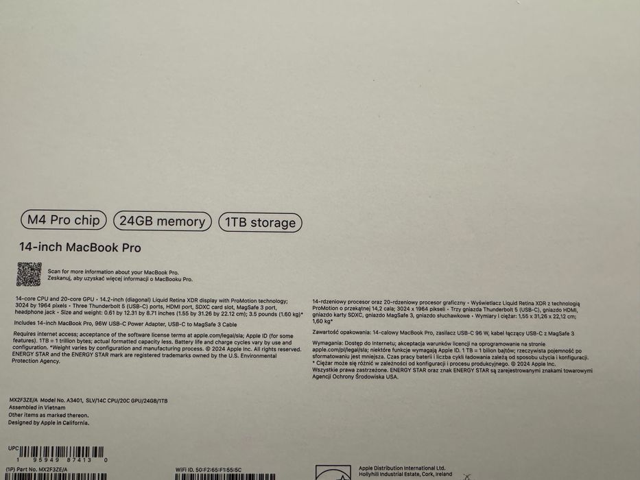 MacBook Pro 14" M4 Pro 14C + 20C 24GB RAM 1TB SSD, Srebrny,  Gwarancja
