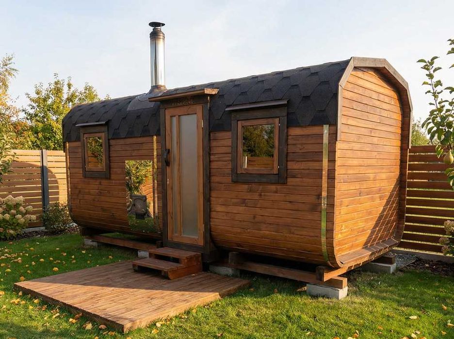 SAUNA Ogrodowa Beczka 5m +GRATISY: Balia do schłodzenia+LED - z piecem