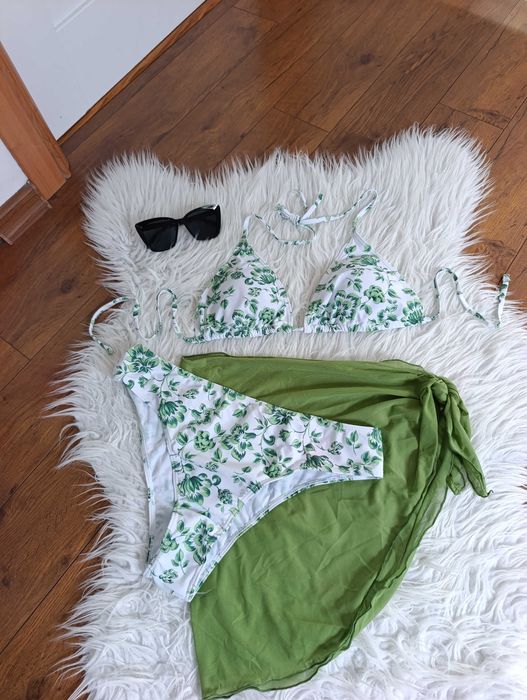 Bikini damskie XL komplet 3 części zielone kwiaty + pareo wysoki stan
