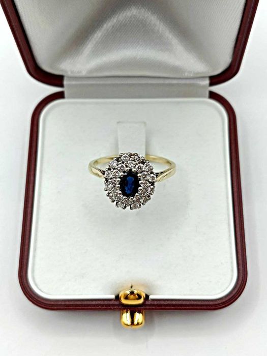 Złoty Pierścionek z szafirem i brylantami 14K 4,63g Certyfikat