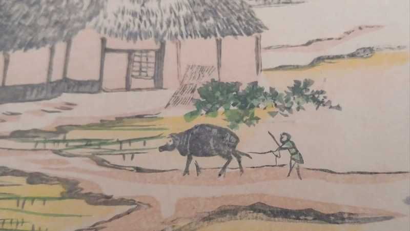 Xilogravura japonesa original de Yoshimi Rogetsu  Paisagem rural Período Meiji (1867–1912)