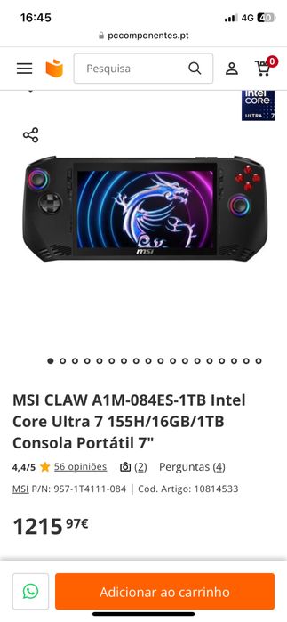 Consola Portatil MSI CLAW A1M-225CH 7” 1Tb SELADO