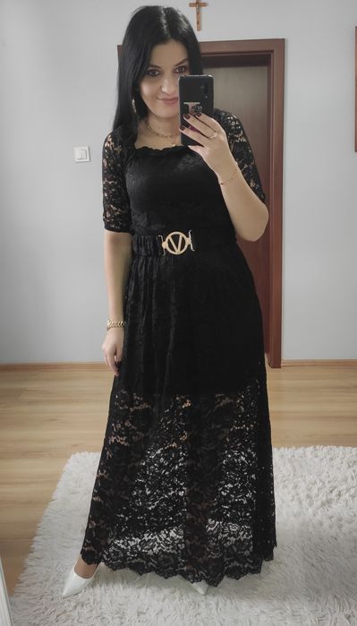 Sukienka długa maxi czarna koronka z paskiem