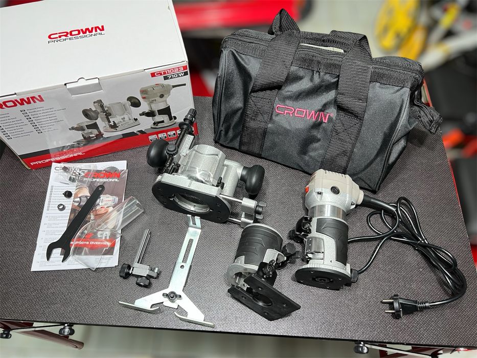 Кромочный фрезер Crown CT11023 Цанги 6, 8 мм/710 Вт + 3 базы
