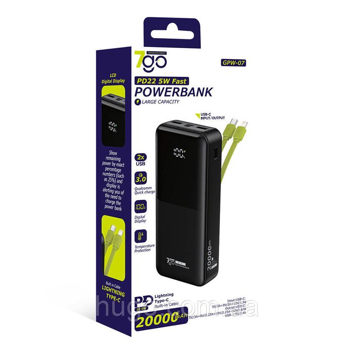 Повербанк 20000mah, +2 кабеля, 2хUSB, 22,5W, 7GO GPW-07