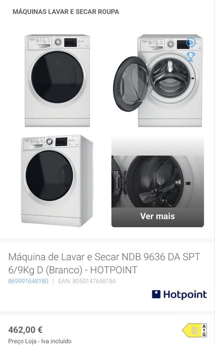 Maquina lavar e secar hotpoint 9kg